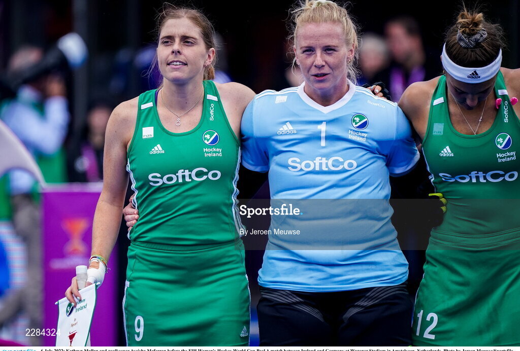 6 July 2022; Kathryn Mullan, left and goalkeeper Ayeisha Mcferran of Ireland before the FIH Women's Hockey World Cup Pool A match between Ireland and Germany at Wagener Stadium in Amstelveen, Netherlands. Photo by Jeroen Meuwse/Sportsfile