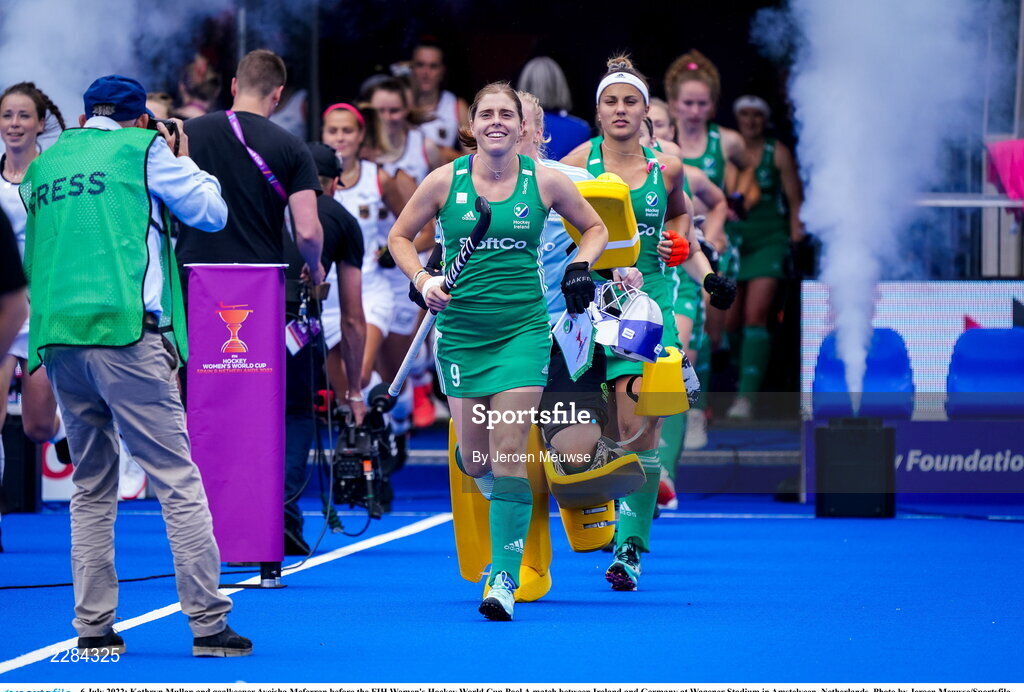 6 July 2022; Kathryn Mullan of Ireland with her team mates before the FIH Women's Hockey World Cup Pool A match between Ireland and Germany at Wagener Stadium in Amstelveen, Netherlands. Photo by Jeroen Meuwse/Sportsfile
