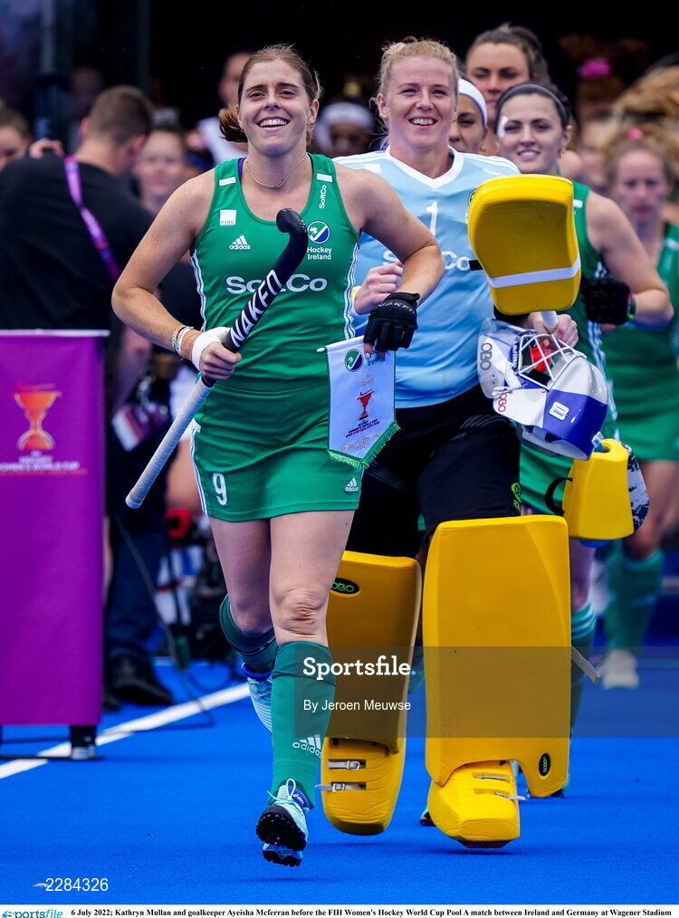 6 July 2022; Kathryn Mullan and goalkeeper Ayeisha Mcferran of Ireland before the FIH Women's Hockey World Cup Pool A match between Ireland and Germany at Wagener Stadium in Amstelveen, Netherlands. Photo by Jeroen Meuwse/Sportsfile