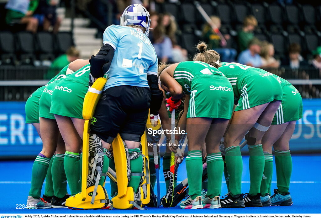 6 July 2022; Ayeisha Mcferran of Ireland forms a huddle with her team mates during the FIH Women's Hockey World Cup Pool A match between Ireland and Germany at Wagener Stadium in Amstelveen, Netherlands. Photo by Jeroen Meuwsen/Sportsfile