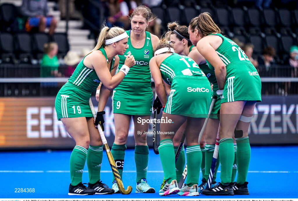 6 July 2022; Caoimhe Perdue and Kathryn Mullan of Ireland during the FIH Women's Hockey World Cup Pool A match between Ireland and Germany at Wagener Stadium in Amstelveen, Netherlands. Photo by Jeroen Meuwsen/Sportsfile