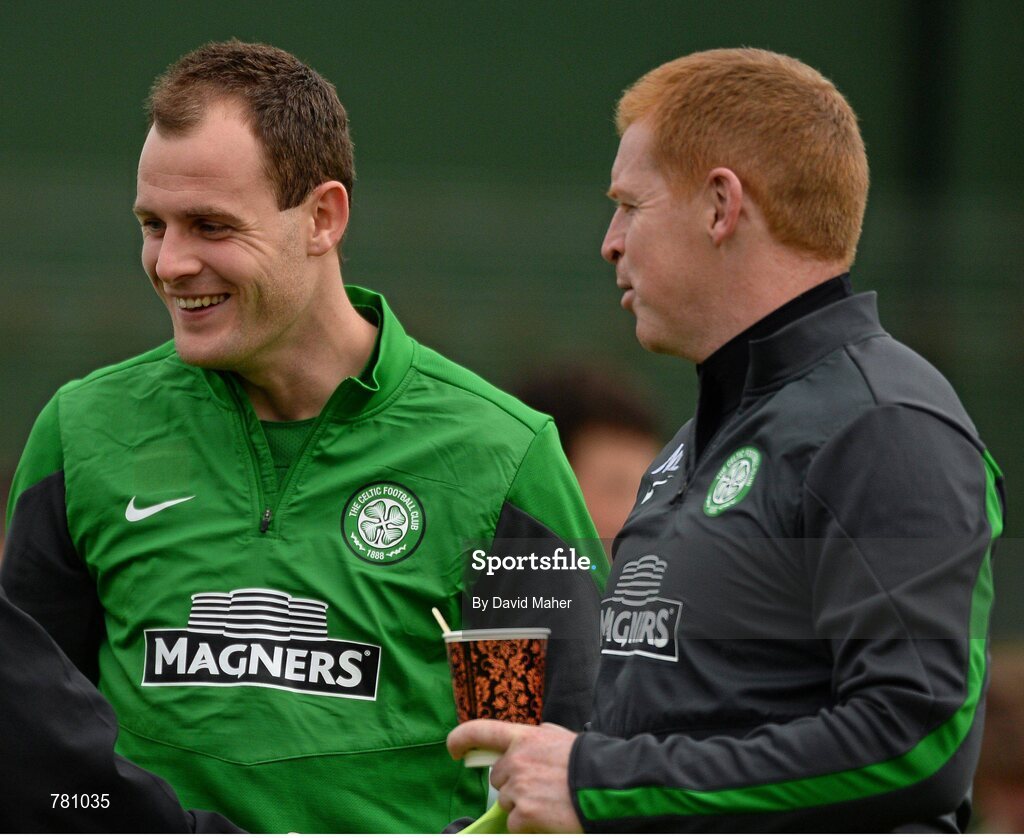 9 August 2013; Glasgow Celtic's Anthony Stokes with manager Neil Lennon during squad training ahead of the Dublin Decider against Liverpool on Saturday. Glasgow Celtic Squad Training, Gannon Park, Malahide, Dublin. Picture credit: David Maher / SPORTSFILE