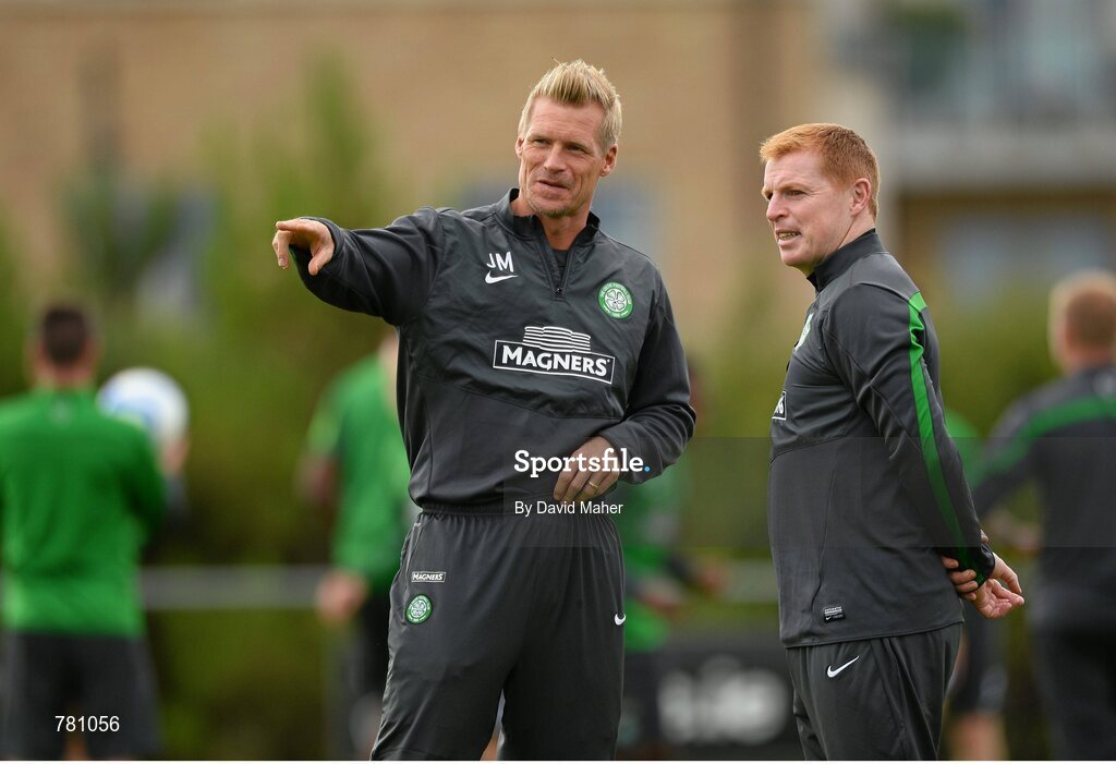 9 August 2013; Glasgow Celtic manager Neil Lennon with assistant manager Johan Mjallby, left, during squad training ahead of the Dublin Decider against Liverpool on Saturday. Glasgow Celtic Squad Training, Gannon Park, Malahide, Dublin. Picture credit: David Maher / SPORTSFILE