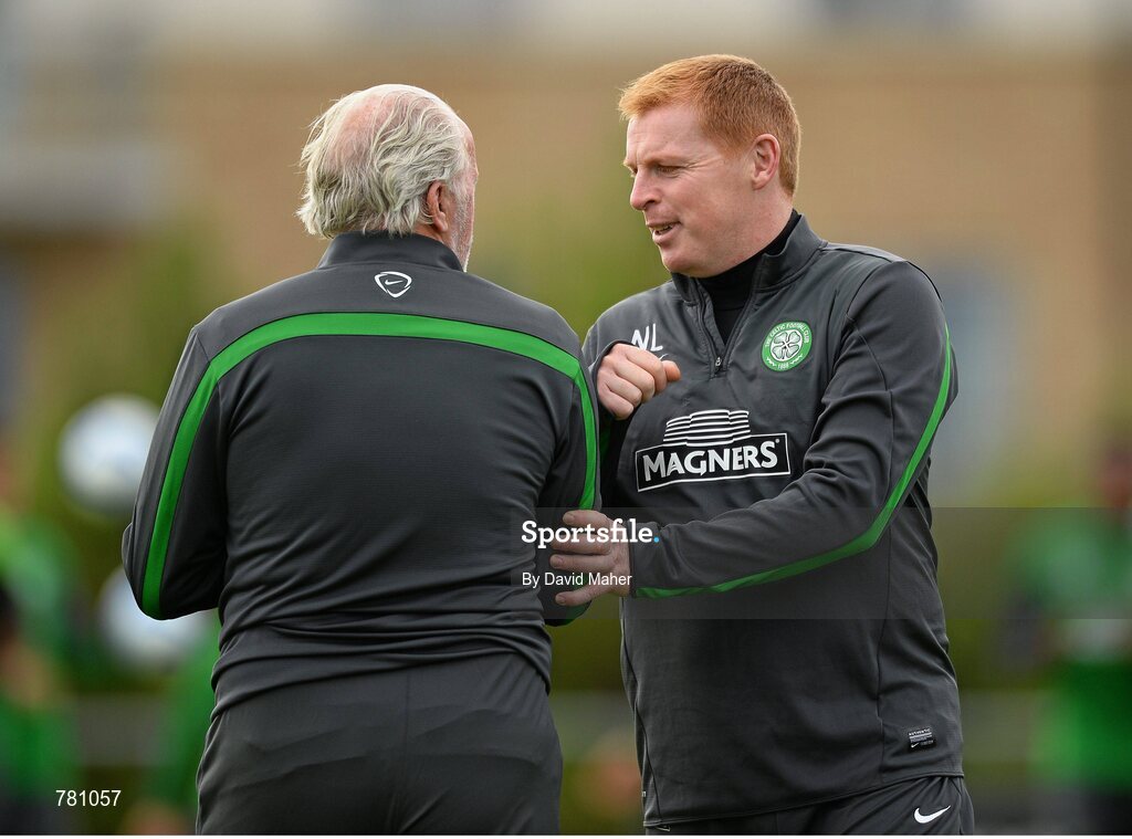 9 August 2013; Glasgow Celtic manager Neil Lennon with former player and member of the coaching staff Danny McGrain during squad training ahead of the Dublin Decider against Liverpool on Saturday. Glasgow Celtic Squad Training, Gannon Park, Malahide, Dublin. Picture credit: David Maher / SPORTSFILE