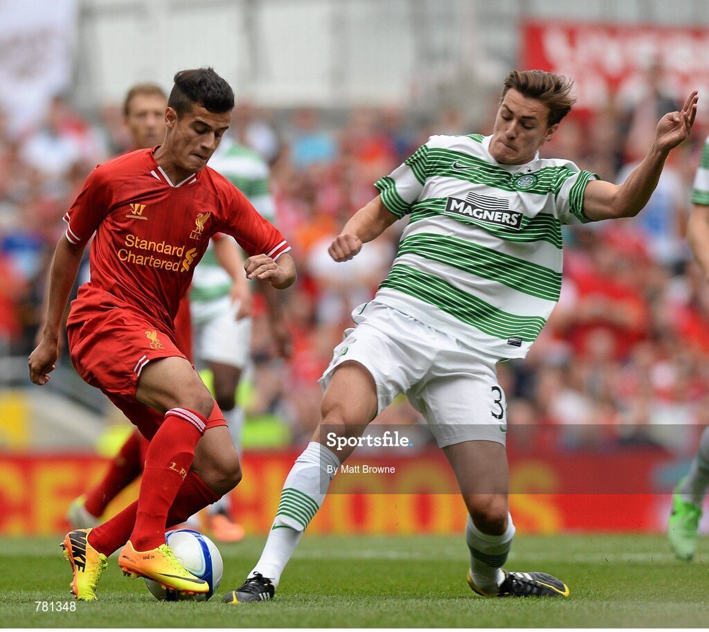 10 August 2013; Philippe Coutinho, Liverpool XI, in action against Jackson Irvine, Glasgow Celtic XI. Dublin Decider, Liverpool XI v Glasgow Celtic XI, Aviva Stadium, Lansdowne Road, Dublin. Picture credit: Matt Browne / SPORTSFILE