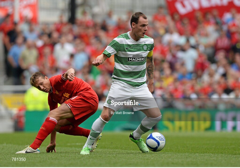 10 August 2013; Anthony Stokes, Glasgow Celtic XI, in action against Lucas Leiva, Liverpool XI. Dublin Decider, Liverpool XI v Glasgow Celtic XI, Aviva Stadium, Lansdowne Road, Dublin. Picture credit: Matt Browne / SPORTSFILE