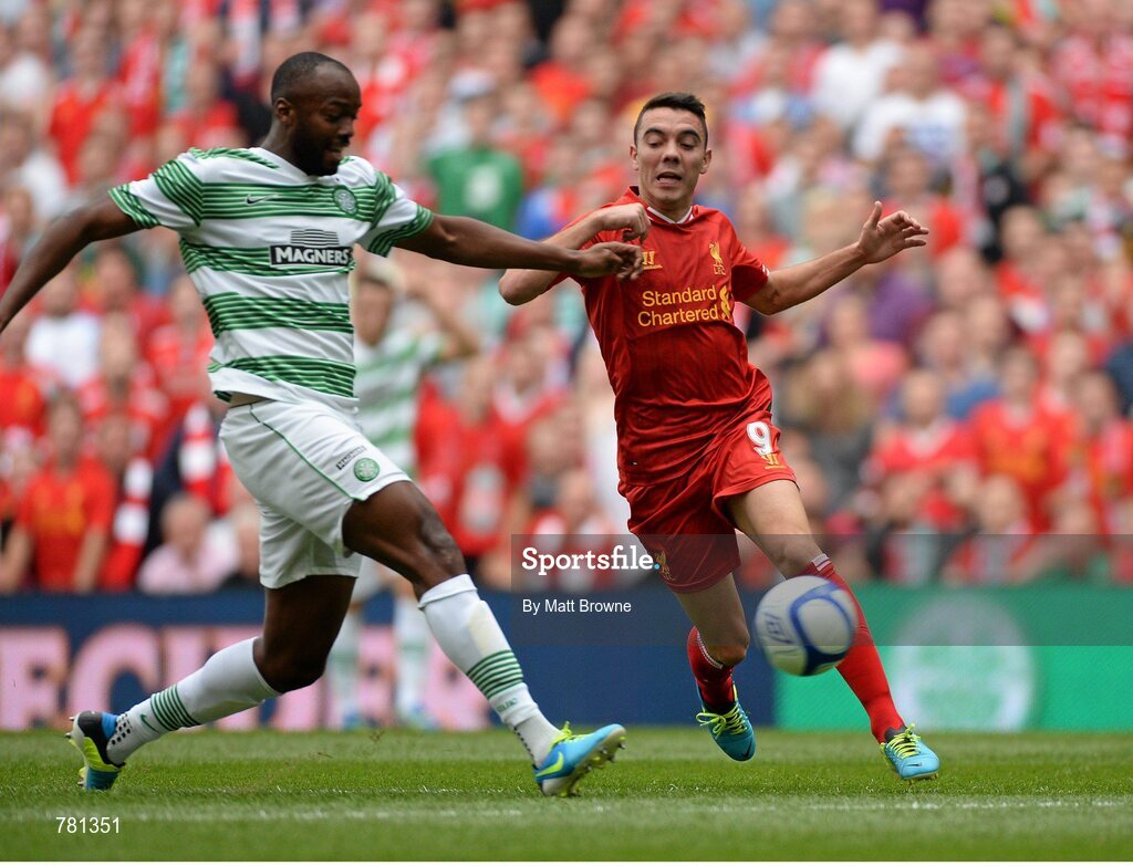 10 August 2013; Iago Aspas, Liverpool XI, in action against Steven Mouyokolo, Glasgow Celtic XI. Dublin Decider, Liverpool XI v Glasgow Celtic XI, Aviva Stadium, Lansdowne Road, Dublin. Picture credit: Matt Browne / SPORTSFILE