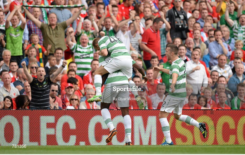 10 August 2013; Amido Balde, Glasgow Celtic XI, celebrates with team mates Dylan McGeouch and Adam Matthews, 2, after scoring his side's first goal. Dublin Decider, Liverpool XI v Glasgow Celtic XI, Aviva Stadium, Lansdowne Road, Dublin. Picture credit: Oliver McVeigh / SPORTSFILE