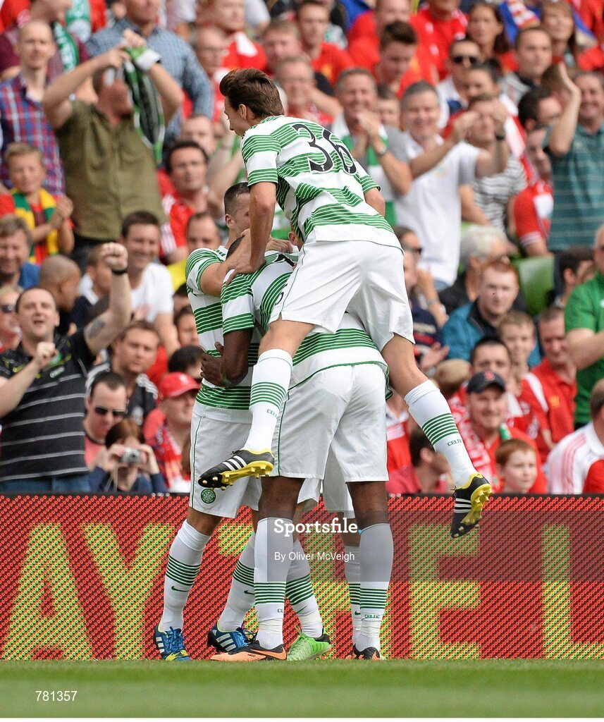 10 August 2013; Amido Balde, Glasgow Celtic XI, celebrates with team mates Jackson Irvine, 36, and Adam Matthews after scoring his side's first goal. Dublin Decider, Liverpool XI v Glasgow Celtic XI, Aviva Stadium, Lansdowne Road, Dublin. Picture credit: Oliver McVeigh / SPORTSFILE