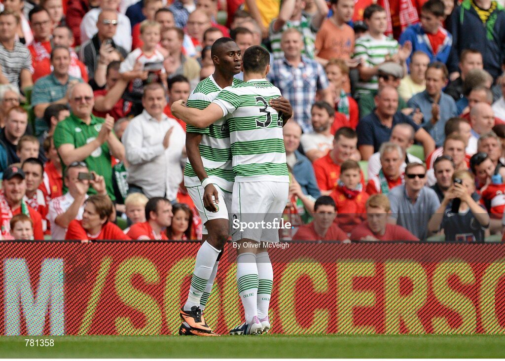 10 August 2013; Amido Balde, Glasgow Celtic XI, celebrates with team mate Tony Watt after scoring his side's first goal. Dublin Decider, Liverpool XI v Glasgow Celtic XI, Aviva Stadium, Lansdowne Road, Dublin. Picture credit: Oliver McVeigh / SPORTSFILE