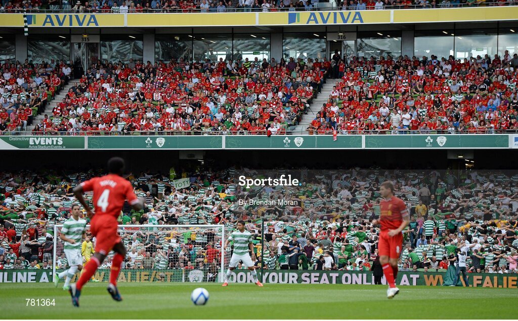 10 August 2013; Liverpool and Celtic supporters look on during the game. Dublin Decider, Liverpool XI v Glasgow Celtic XI, Aviva Stadium, Lansdowne Road, Dublin. Picture credit: Brendan Moran / SPORTSFILE