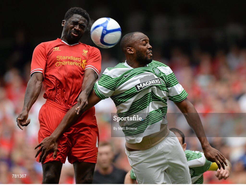 10 August 2013; Kolo Toure, Liverpool XI, in action against Steven Mouyokolo, Glasgow Celtic XI. Dublin Decider, Liverpool XI v Glasgow Celtic XI, Aviva Stadium, Lansdowne Road, Dublin. Picture credit: Matt Browne / SPORTSFILE