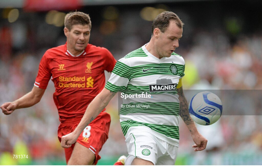 10 August 2013; Anthony Stokes, Glasgow Celtic XI, in action against Steven Gerrard, Liverpool XI. Dublin Decider, Liverpool XI v Glasgow Celtic XI, Aviva Stadium, Lansdowne Road, Dublin. Picture credit: Oliver McVeigh / SPORTSFILE