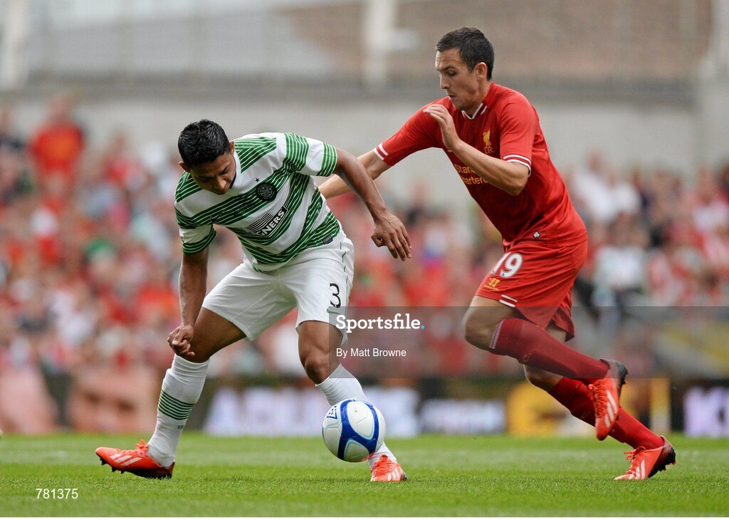 10 August 2013; Emilio Izaguirre, Glasgow Celtic XI, in action against Stewart Downing, Liverpool XI. Dublin Decider, Liverpool XI v Glasgow Celtic XI, Aviva Stadium, Lansdowne Road, Dublin. Picture credit: Matt Browne / SPORTSFILE