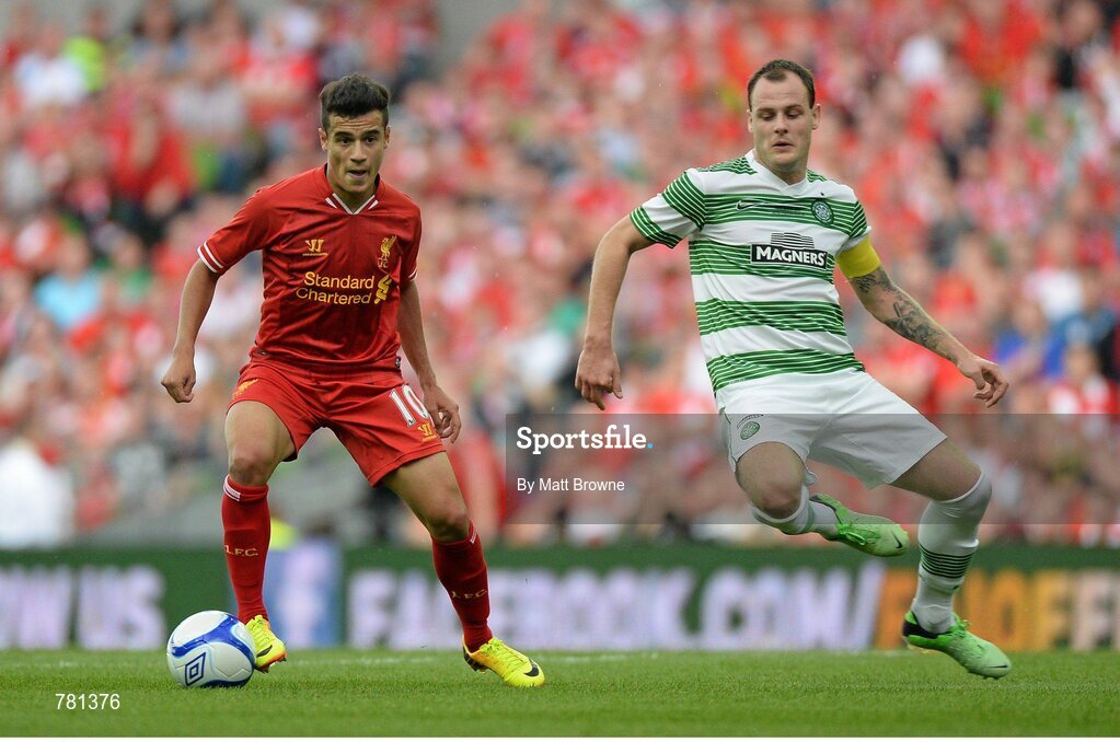 10 August 2013; Philippe Coutinho, Liverpool XI, in action against Anthony Stokes, Glasgow Celtic XI. Dublin Decider, Liverpool XI v Glasgow Celtic XI, Aviva Stadium, Lansdowne Road, Dublin. Picture credit: Matt Browne / SPORTSFILE