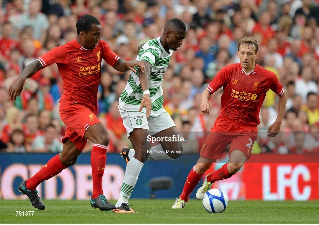 10 August 2013; Amido Balde, Glasgow Celtic XI, in action against Andre Wisdom, left, and Lucas Leiva, Liverpool XI. Dublin Decider, Liverpool XI v Glasgow Celtic XI, Aviva Stadium, Lansdowne Road, Dublin. Picture credit: Oliver McVeigh / SPORTSFILE