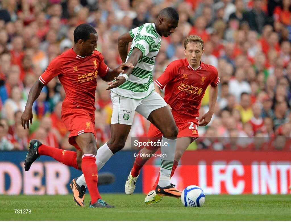 10 August 2013; Amido Balde, Glasgow Celtic XI, in action against Andre Wisdom, left, and Lucas Leiva, Liverpool XI. Dublin Decider, Liverpool XI v Glasgow Celtic XI, Aviva Stadium, Lansdowne Road, Dublin. Picture credit: Oliver McVeigh / SPORTSFILE