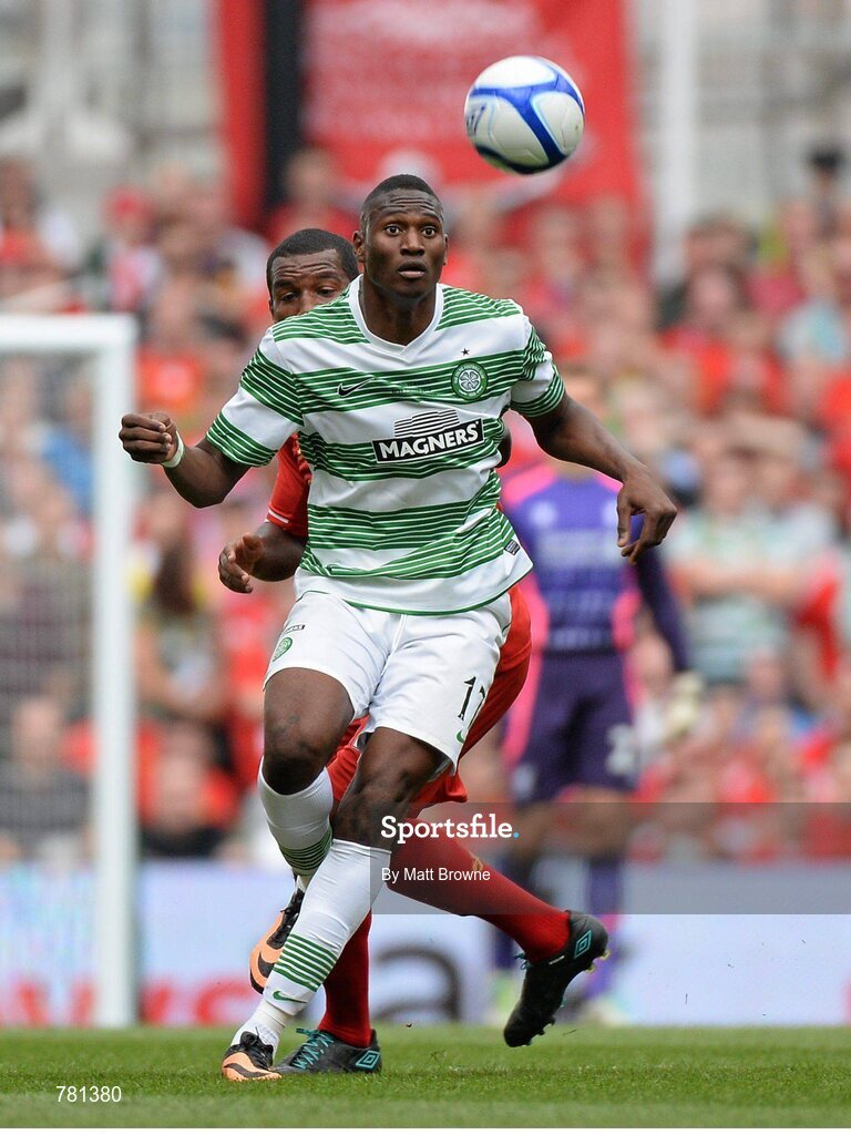10 August 2013; Amido Balde, Glasgow Celtic XI, in action against Andre Wisdom, Liverpool XI. Dublin Decider, Liverpool XI v Glasgow Celtic XI, Aviva Stadium, Lansdowne Road, Dublin. Picture credit: Matt Browne / SPORTSFILE