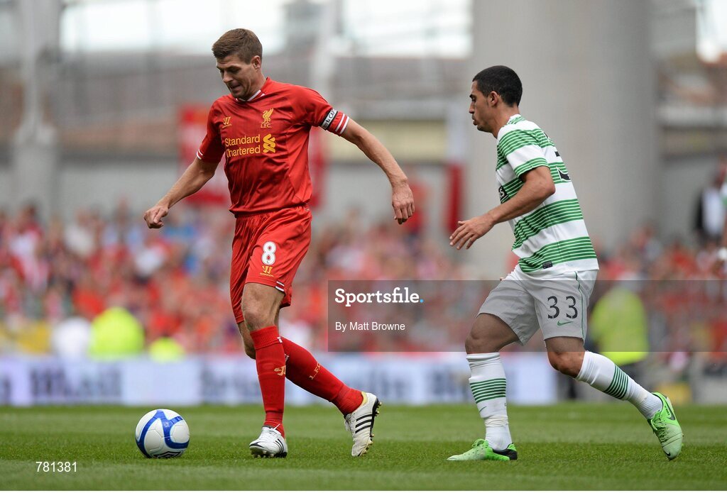 10 August 2013; Steven Gerrard, Liverpool XI, in action against Beram Kayal, Glasgow Celtic XI. Dublin Decider, Liverpool XI v Glasgow Celtic XI, Aviva Stadium, Lansdowne Road, Dublin. Picture credit: Matt Browne / SPORTSFILE