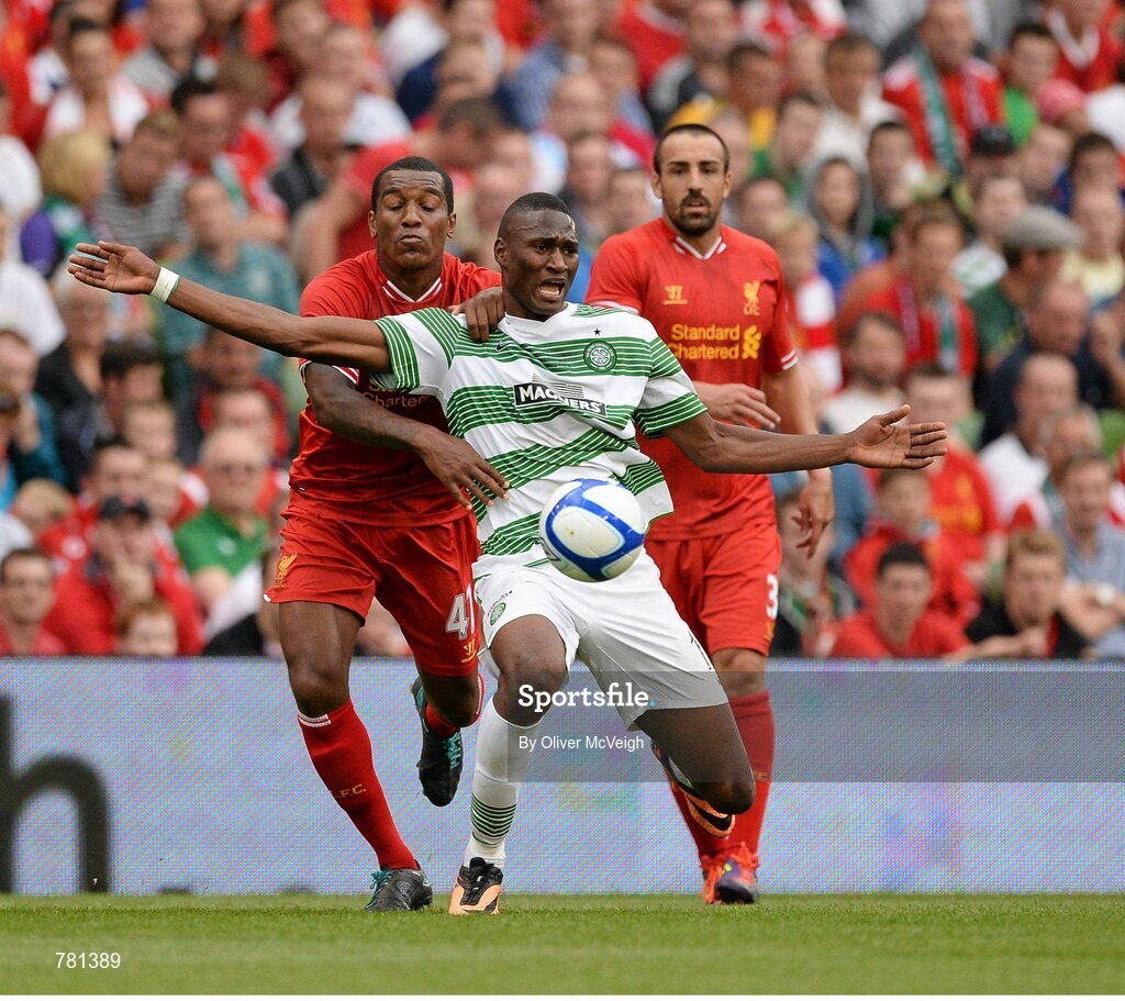 10 August 2013; Amido Balde, Glasgow Celtic XI, in action against Andre Wisdom, Liverpool XI. Dublin Decider, Liverpool XI v Glasgow Celtic XI, Aviva Stadium, Lansdowne Road, Dublin. Picture credit: Oliver McVeigh / SPORTSFILE