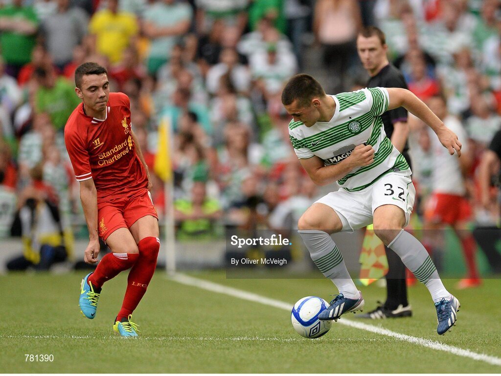 10 August 2013; Tony Watt, Glasgow Celtic XI, in action against Iago Aspas, Liverpool XI. Dublin Decider, Liverpool XI v Glasgow Celtic XI, Aviva Stadium, Lansdowne Road, Dublin. Picture credit: Oliver McVeigh / SPORTSFILE