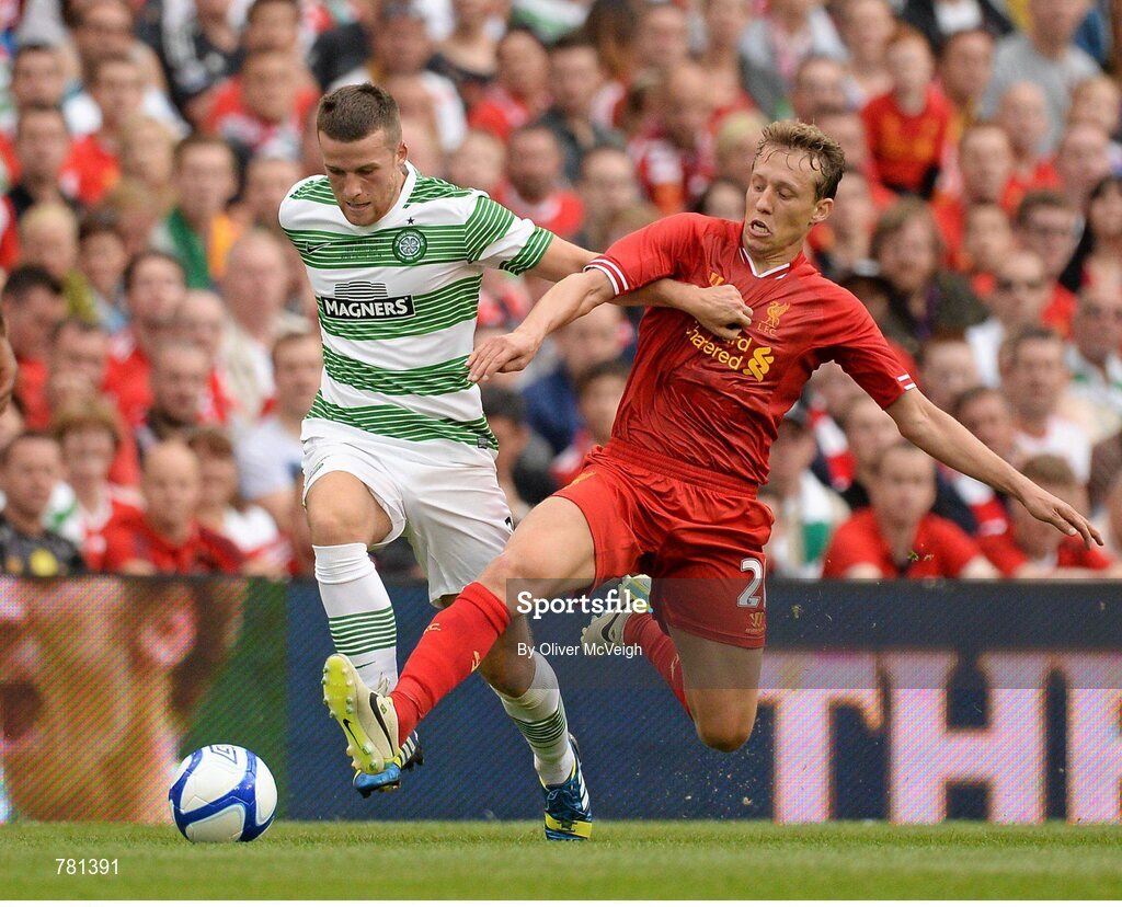 10 August 2013; Adam Matthews, Glasgow Celtic XI, in action against Lucas Leiva, Liverpool XI. Dublin Decider, Liverpool XI v Glasgow Celtic XI, Aviva Stadium, Lansdowne Road, Dublin. Picture credit: Oliver McVeigh / SPORTSFILE