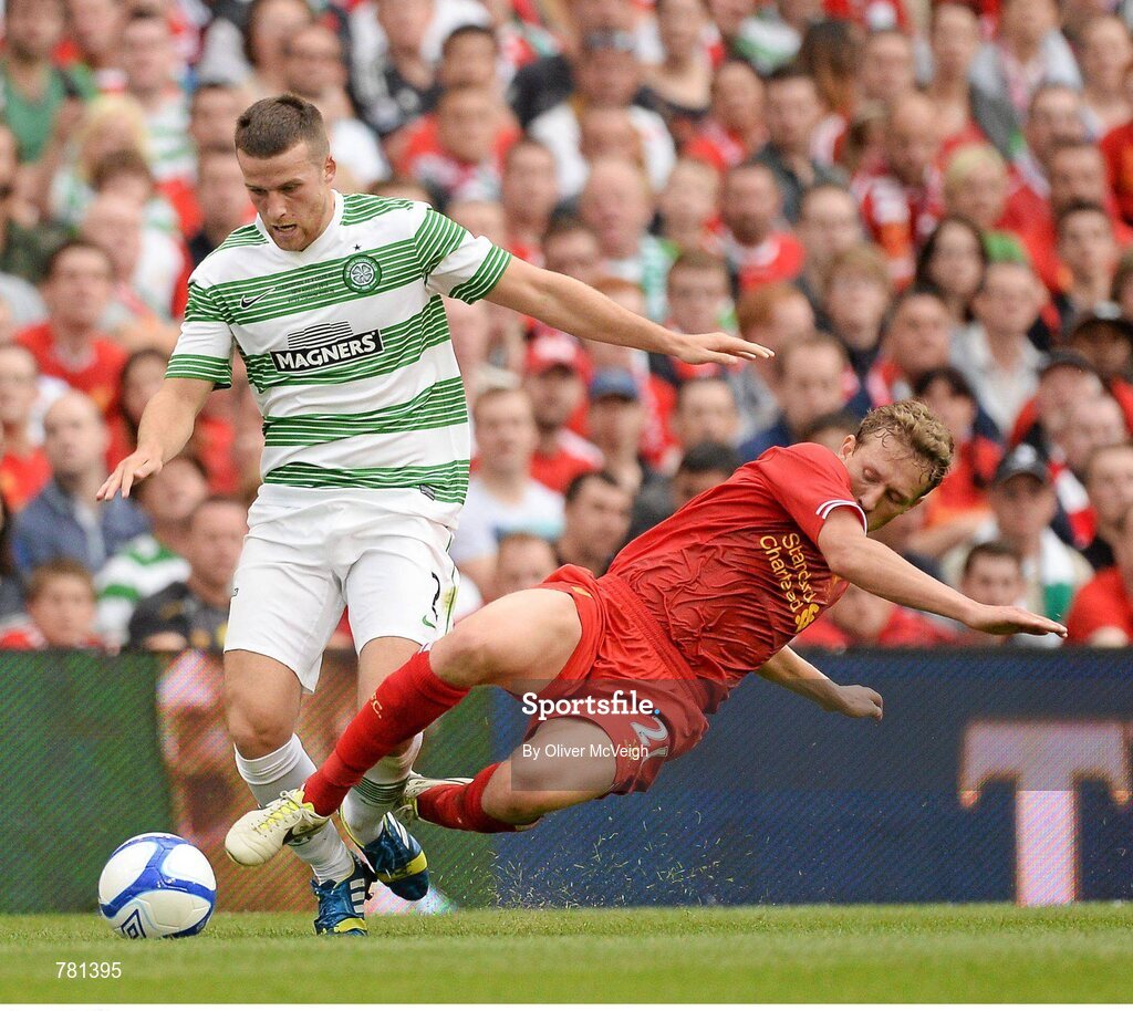 10 August 2013; Adam Matthews, Glasgow Celtic XI, in action against Lucas Leiva, Liverpool XI. Dublin Decider, Liverpool XI v Glasgow Celtic XI, Aviva Stadium, Lansdowne Road, Dublin. Picture credit: Oliver McVeigh / SPORTSFILE