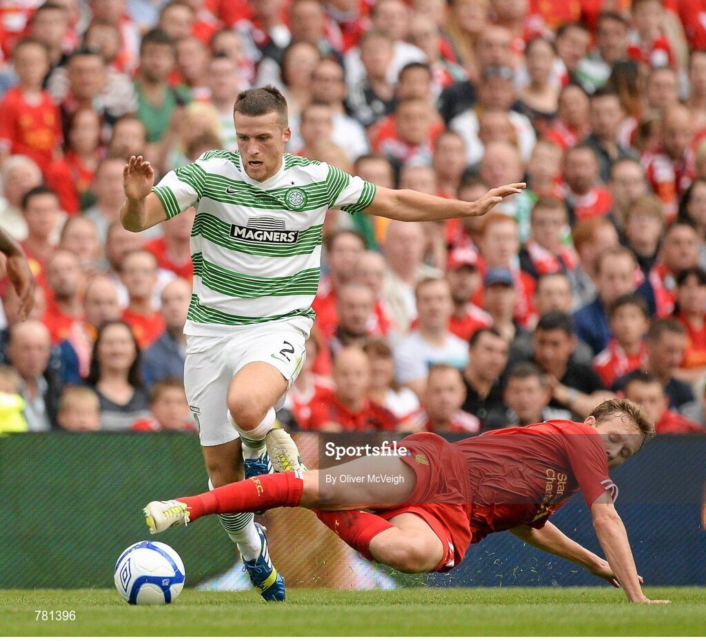 10 August 2013; Adam Matthews, Glasgow Celtic XI, in action against Lucas Leiva, Liverpool XI. Dublin Decider, Liverpool XI v Glasgow Celtic XI, Aviva Stadium, Lansdowne Road, Dublin. Picture credit: Oliver McVeigh / SPORTSFILE