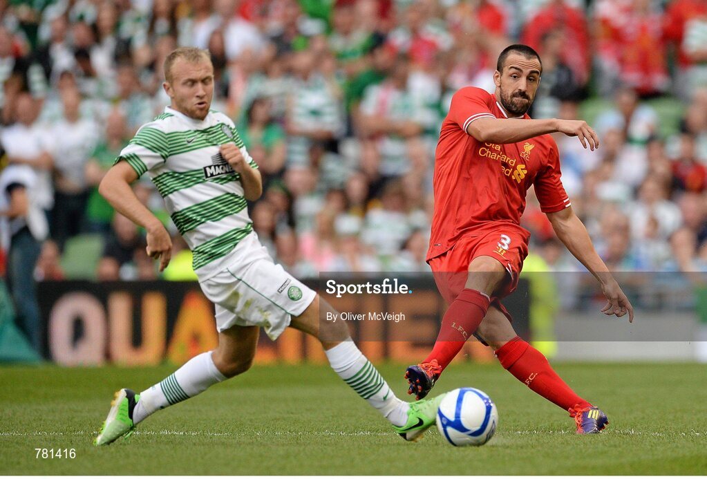 10 August 2013; Jose Enrique, Liverpool XI, in action against Dylan McGeouch, Glasgow Celtic XI. Dublin Decider, Liverpool XI v Glasgow Celtic XI, Aviva Stadium, Lansdowne Road, Dublin. Picture credit: Oliver McVeigh / SPORTSFILE