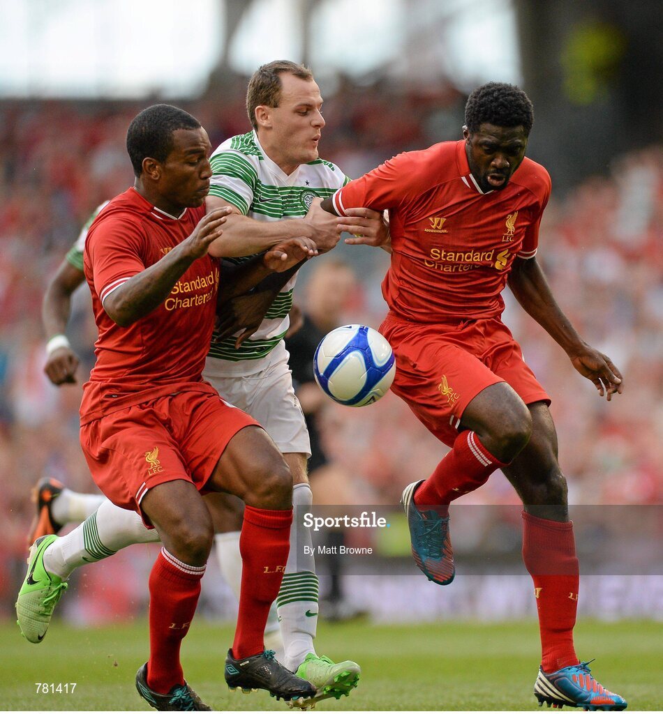 10 August 2013; Anthony Stokes, Glasgow Celtic XI, in action against Andre Wisdom, left, and Kolo Toure, Liverpool XI. Dublin Decider, Liverpool XI v Glasgow Celtic XI, Aviva Stadium, Lansdowne Road, Dublin. Picture credit: Matt Browne / SPORTSFILE