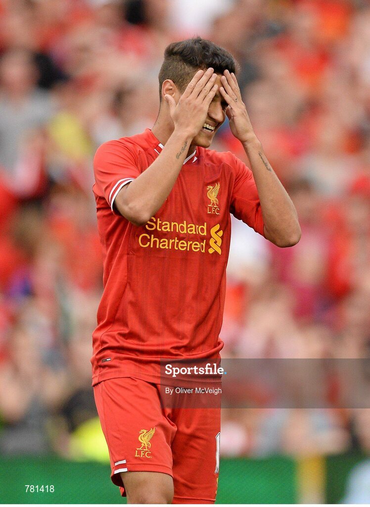 10 August 2013; Philippe Coutinho, Liverpool XI, reacts after missing an open goal. Dublin Decider, Liverpool XI v Glasgow Celtic XI, Aviva Stadium, Lansdowne Road, Dublin. Picture credit: Oliver McVeigh / SPORTSFILE