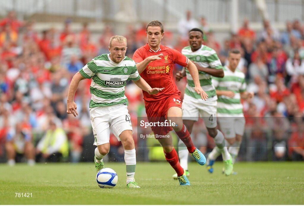 10 August 2013; Dylan McGeouch, Glasgow Celtic XI, in action against Jordan Henderson, Liverpool XI. Dublin Decider, Liverpool XI v Glasgow Celtic XI, Aviva Stadium, Lansdowne Road, Dublin. Picture credit: Matt Browne / SPORTSFILE