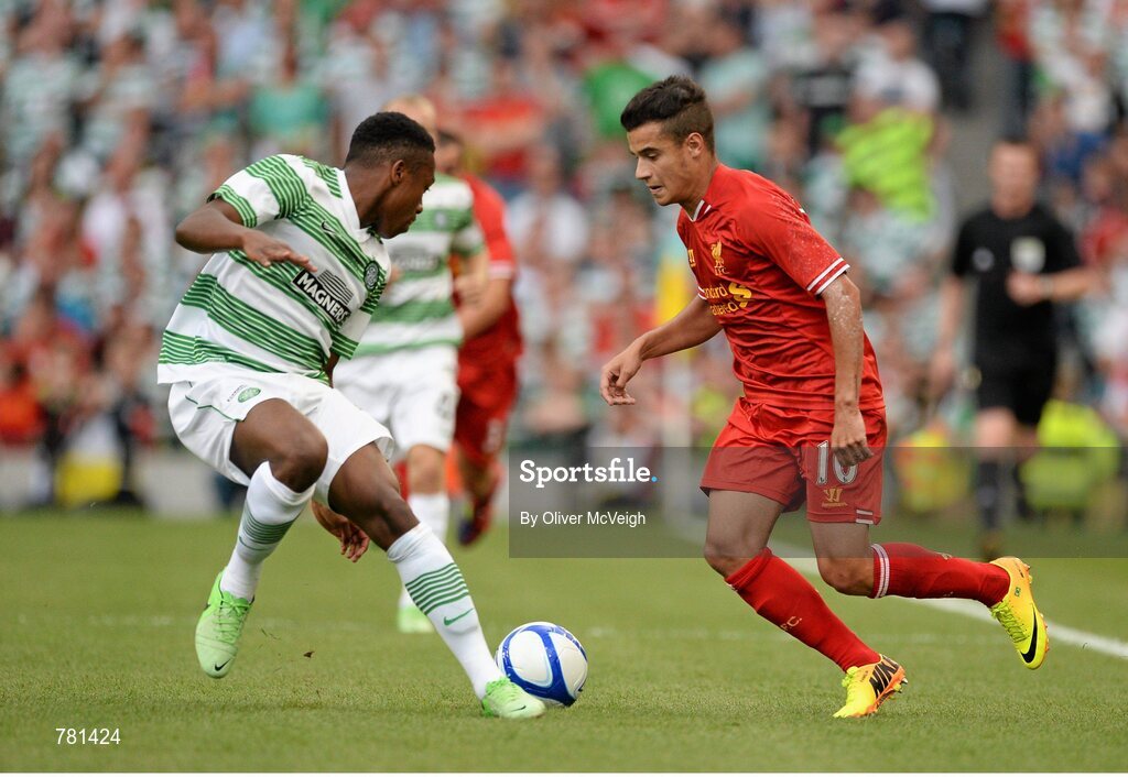 10 August 2013; Philippe Coutinho, Liverpool XI, in action against Darnell Disher, Glasgow Celtic XI. Dublin Decider, Liverpool XI v Glasgow Celtic XI, Aviva Stadium, Lansdowne Road, Dublin. Picture credit: Oliver McVeigh / SPORTSFILE