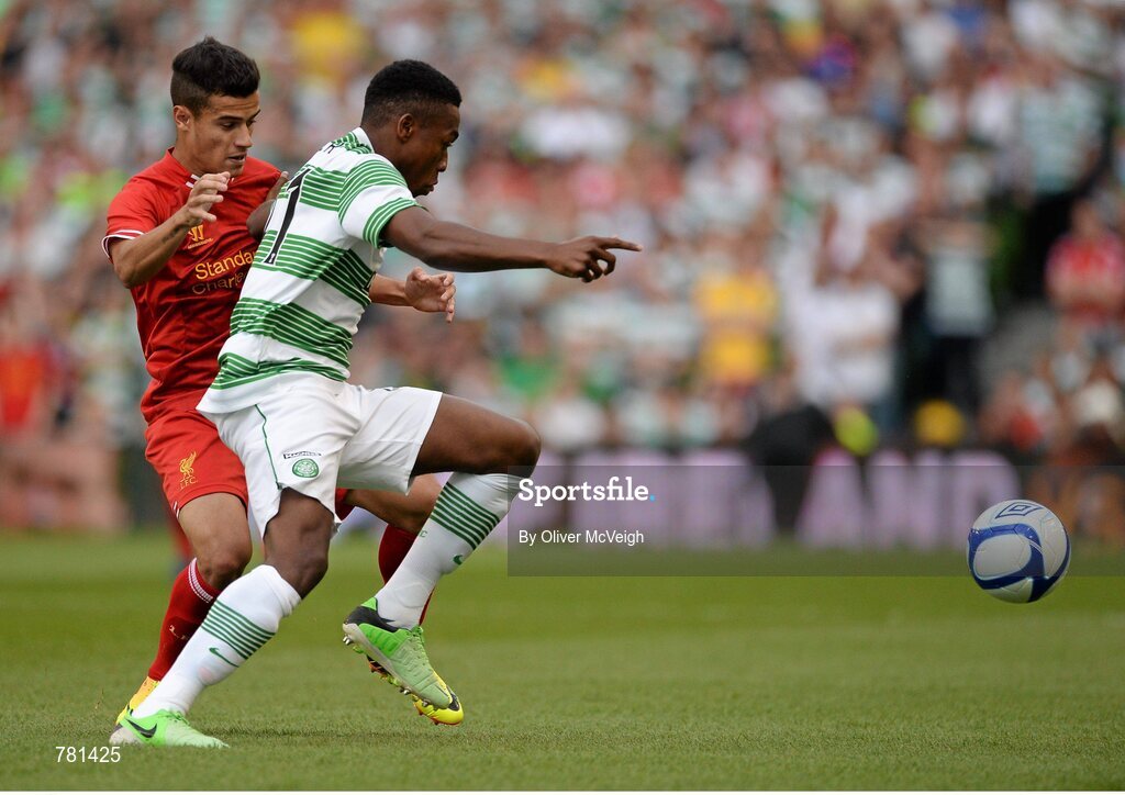 10 August 2013; Jose Enrique, Liverpool XI, in action against Darnell Disher, Glasgow Celtic XI. Dublin Decider, Liverpool XI v Glasgow Celtic XI, Aviva Stadium, Lansdowne Road, Dublin. Picture credit: Oliver McVeigh / SPORTSFILE