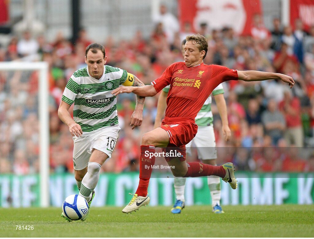 10 August 2013; Anthony Stokes, Glasgow Celtic XI, in action against Lucas Leiva, Liverpool XI. Dublin Decider, Liverpool XI v Glasgow Celtic XI, Aviva Stadium, Lansdowne Road, Dublin. Picture credit: Matt Browne / SPORTSFILE
