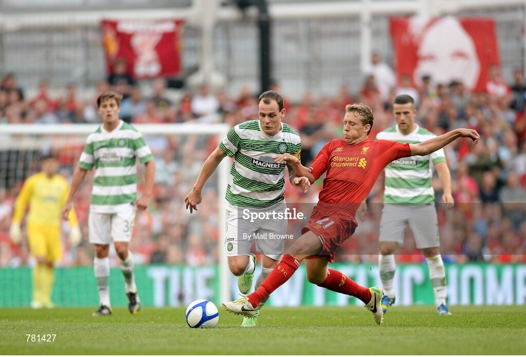 10 August 2013; Lucas Leiva, Liverpool XI, in action against Anthony Stokes, Glasgow Celtic XI. Dublin Decider, Liverpool XI v Glasgow Celtic XI, Aviva Stadium, Lansdowne Road, Dublin. Picture credit: Matt Browne / SPORTSFILE