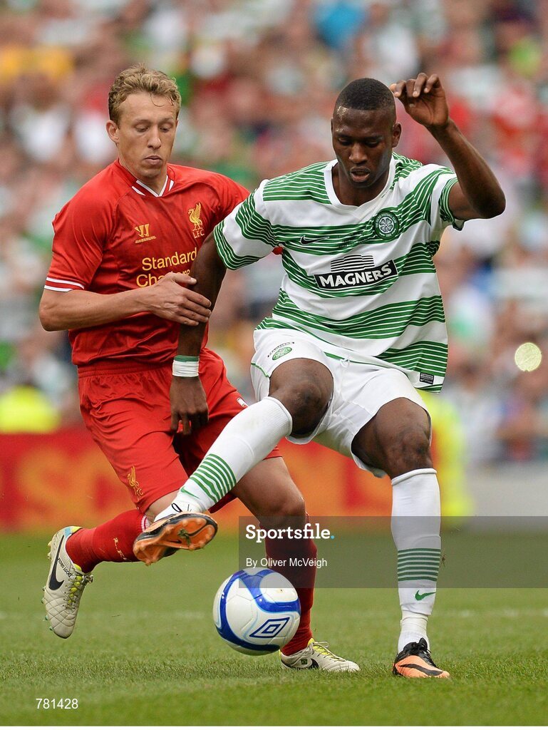 10 August 2013; Amido Balde, Glasgow Celtic XI, in action against Lucas Leiva, Liverpool XI. Dublin Decider, Liverpool XI v Glasgow Celtic XI, Aviva Stadium, Lansdowne Road, Dublin. Picture credit: Oliver McVeigh / SPORTSFILE