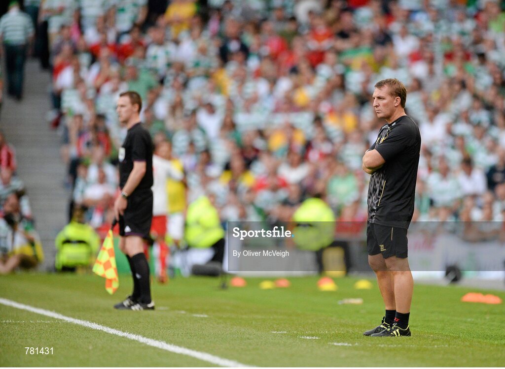 10 August 2013; Liverpool XI manager Brendan Rodgers looks on from the sideline. Dublin Decider, Liverpool XI v Glasgow Celtic XI, Aviva Stadium, Lansdowne Road, Dublin. Picture credit: Oliver McVeigh / SPORTSFILE