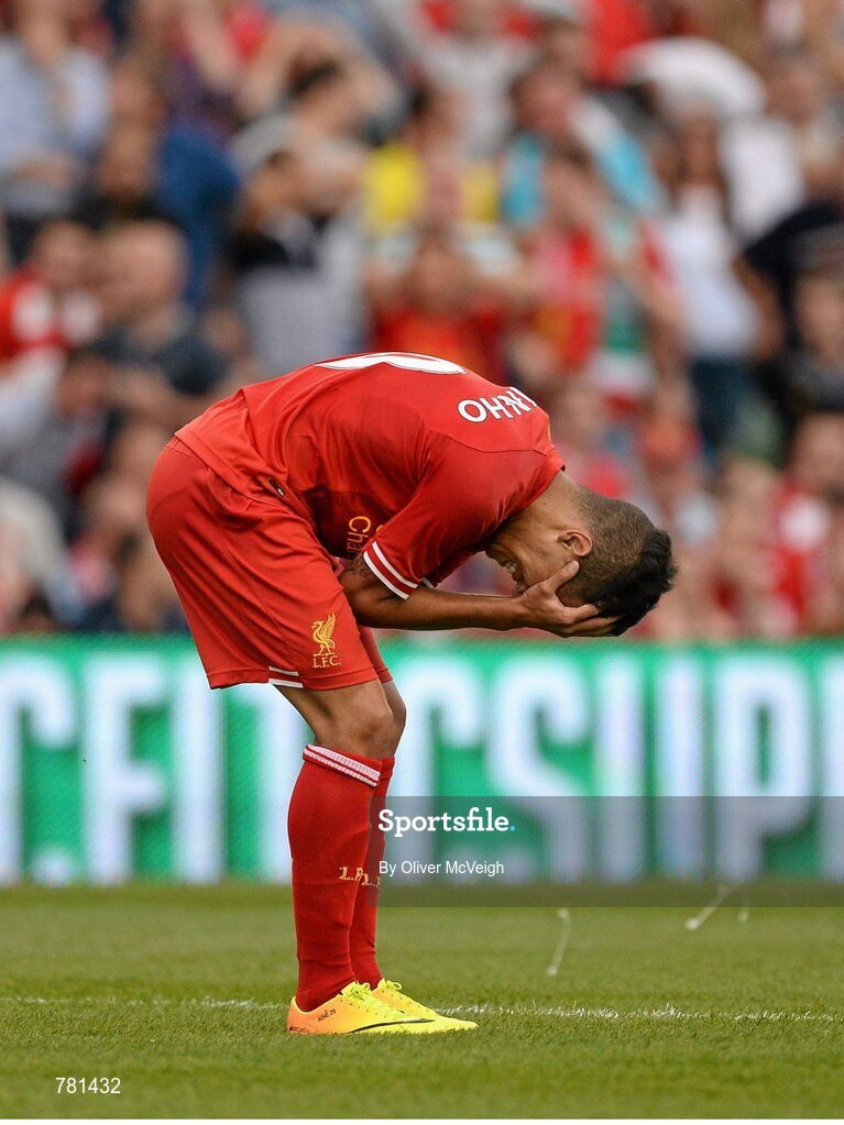 10 August 2013; Philippe Coutinho, Liverpool XI, reacts after a missed chance on goal. Dublin Decider, Liverpool XI v Glasgow Celtic XI, Aviva Stadium, Lansdowne Road, Dublin. Picture credit: Oliver McVeigh / SPORTSFILE