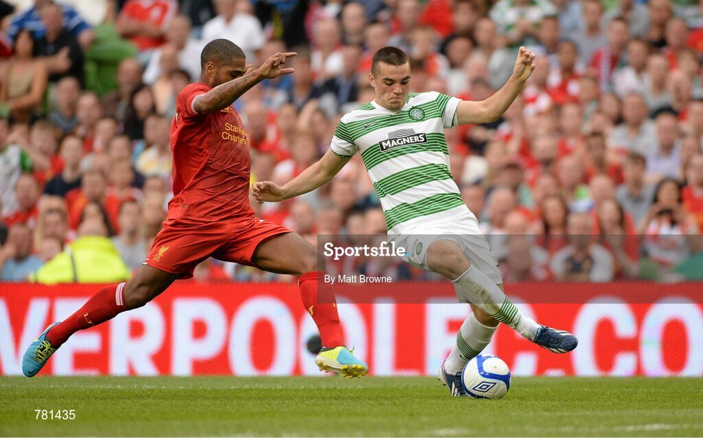 10 August 2013; Tony Watt, Glasgow Celtic XI, in action against Glen Johnson, Liverpool XI. Dublin Decider, Liverpool XI v Glasgow Celtic XI, Aviva Stadium, Lansdowne Road, Dublin. Picture credit: Matt Browne / SPORTSFILE