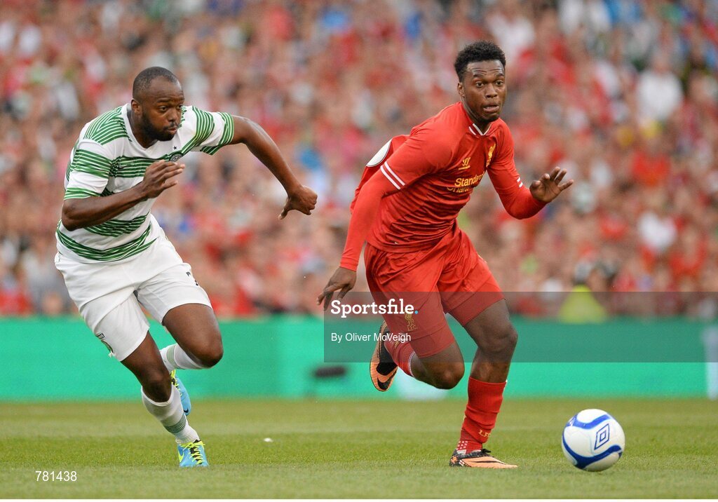 10 August 2013; Daniel Sturridge, Liverpool XI, in action against Steven Mouyokolo, Glasgow Celtic XI. Dublin Decider, Liverpool XI v Glasgow Celtic XI, Aviva Stadium, Lansdowne Road, Dublin. Picture credit: Oliver McVeigh / SPORTSFILE