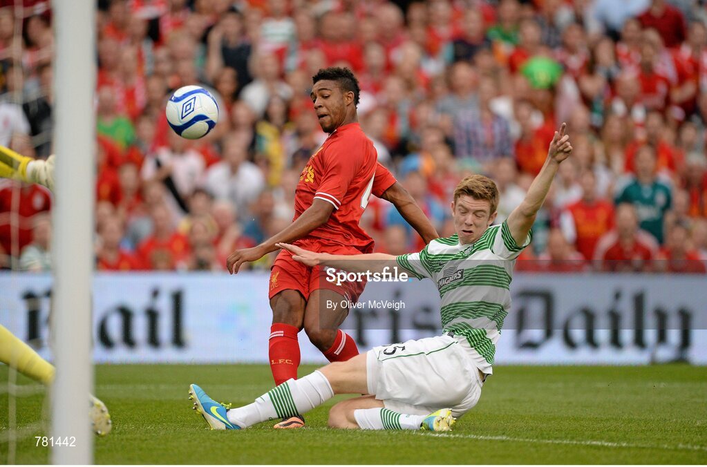 10 August 2013; Jordon Ibe, Liverpool XI, in action against Stuart Findlay, Glasgow Celtic XI. Dublin Decider, Liverpool XI v Glasgow Celtic XI, Aviva Stadium, Lansdowne Road, Dublin. Picture credit: Oliver McVeigh / SPORTSFILE