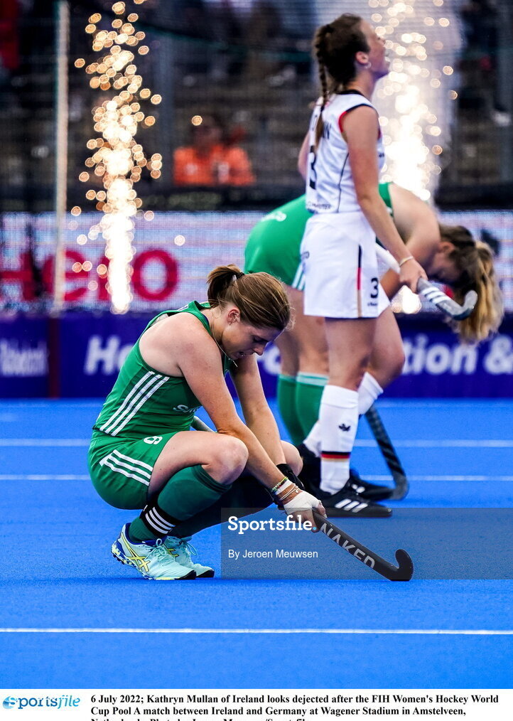 6 July 2022; Kathryn Mullan of Ireland looks dejected after the FIH Women's Hockey World Cup Pool A match between Ireland and Germany at Wagener Stadium in Amstelveen, Netherlands. Photo by Jeroen Meuwsen/Sportsfile