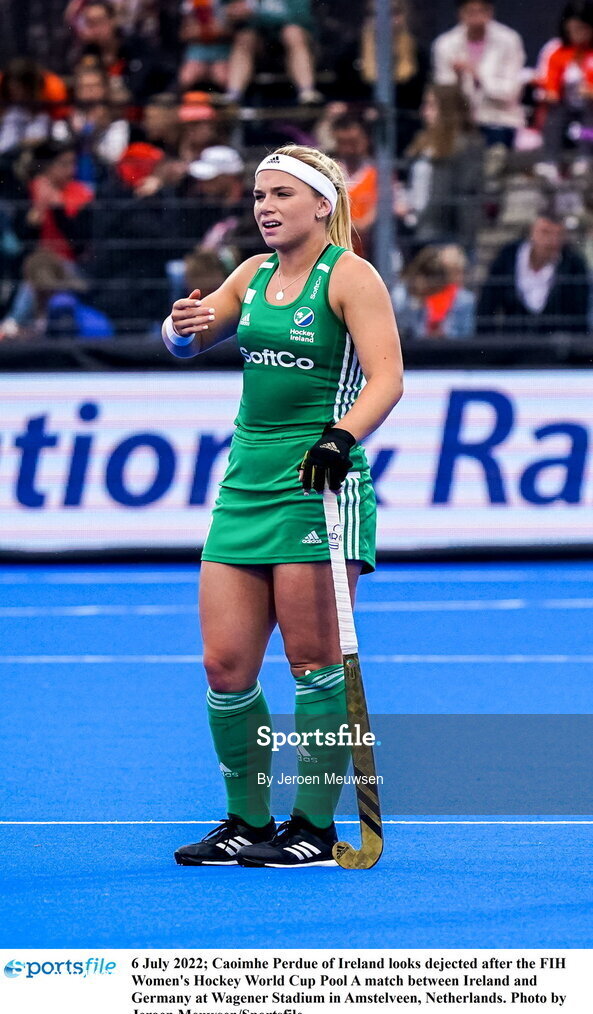 6 July 2022; Caoimhe Perdue of Ireland looks dejected after the FIH Women's Hockey World Cup Pool A match between Ireland and Germany at Wagener Stadium in Amstelveen, Netherlands. Photo by Jeroen Meuwsen/Sportsfile