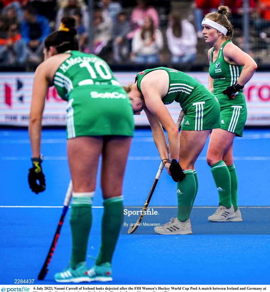 6 July 2022; Naomi Carroll of Ireland looks dejected after the FIH Women's Hockey World Cup Pool A match between Ireland and Germany at Wagener Stadium in Amstelveen, Netherlands. Photo by Jeroen Meuwsen/Sportsfile