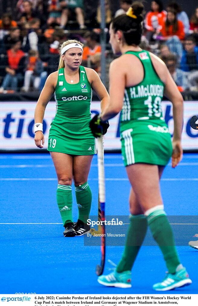6 July 2022; Caoimhe Perdue of Ireland looks dejected after the FIH Women's Hockey World Cup Pool A match between Ireland and Germany at Wagener Stadium in Amstelveen, Netherlands. Photo by Jeroen Meuwsen/Sportsfile