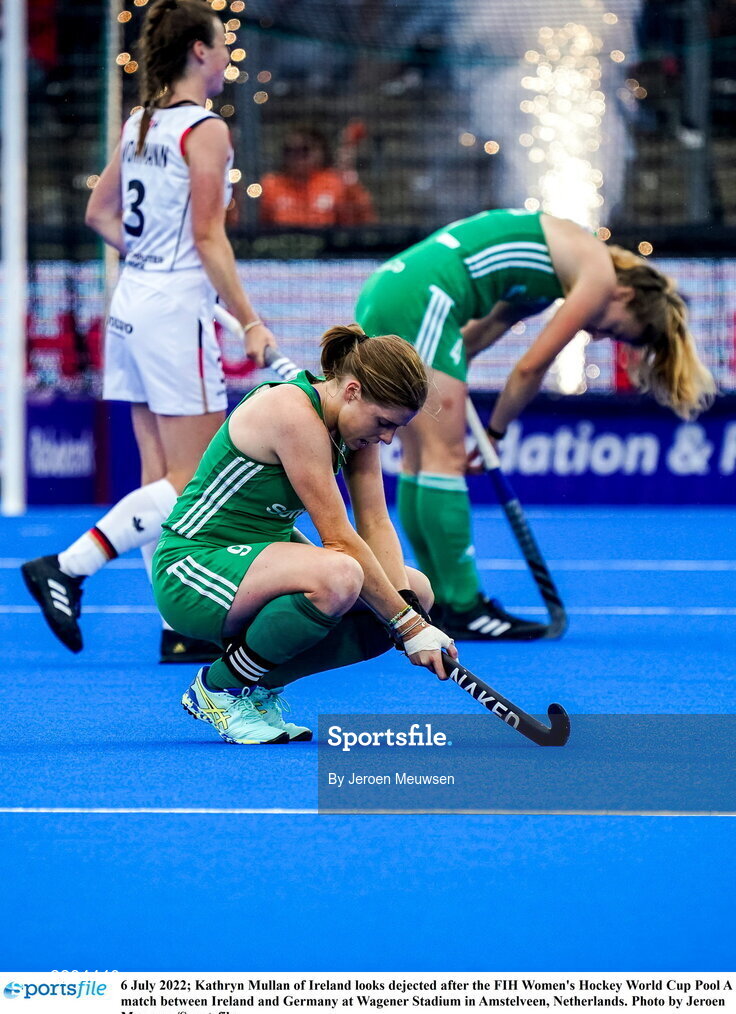6 July 2022; Kathryn Mullan of Ireland looks dejected after the FIH Women's Hockey World Cup Pool A match between Ireland and Germany at Wagener Stadium in Amstelveen, Netherlands. Photo by Jeroen Meuwsen/Sportsfile