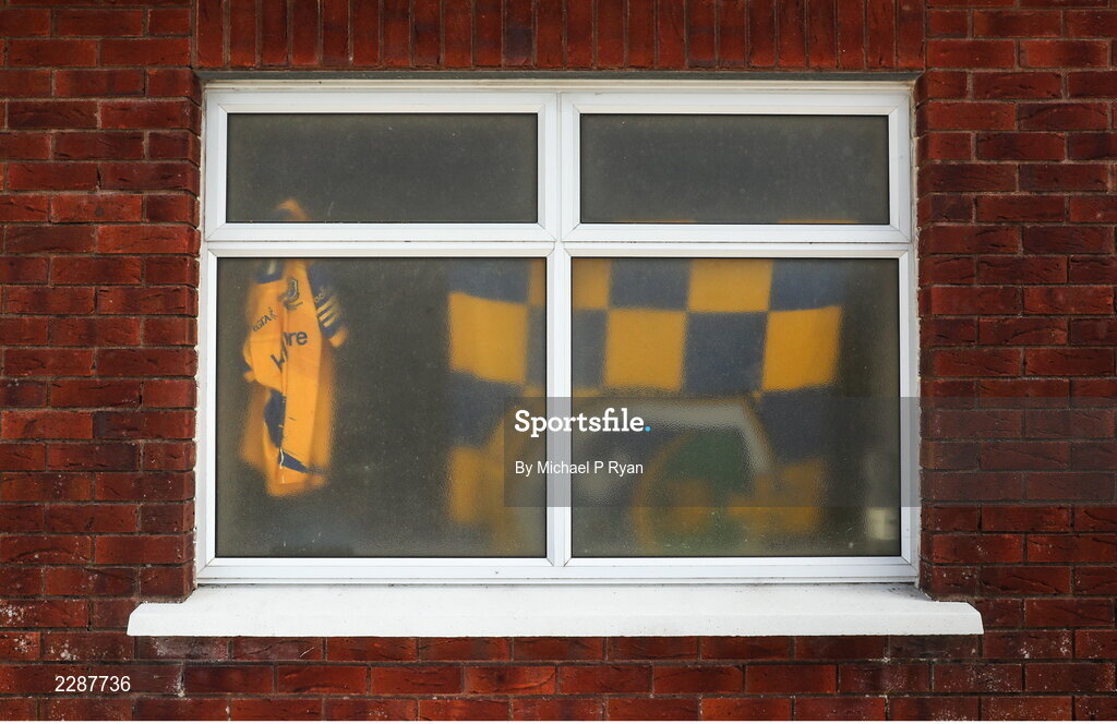 10 July 2022; A Roscommon jersey and flag are seen from outside the dressing room before the TG4 All-Ireland Ladies Football Intermediate Championship Semi-Final match between Roscommon and Wexford at Crettyard GAA club, Crettyard, Laois. Photo by Michael P Ryan/Sportsfile