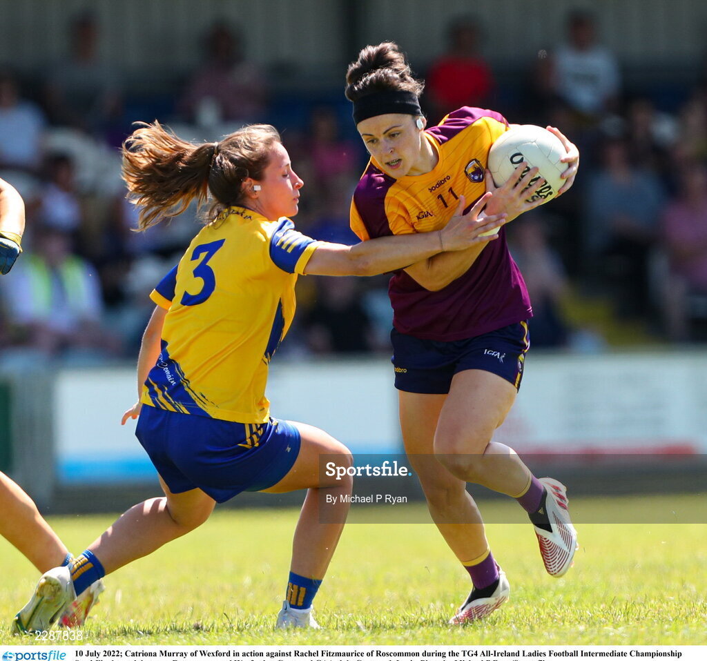 10 July 2022; Catriona Murray of Wexford in action against Rachel Fitzmaurice of Roscommon during the TG4 All-Ireland Ladies Football Intermediate Championship Semi-Final match between Roscommon and Wexford at Crettyard GAA club, Crettyard, Laois. Photo by Michael P Ryan/Sportsfile