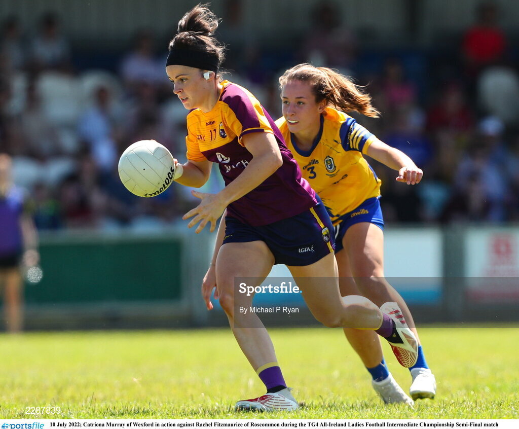 10 July 2022; Catriona Murray of Wexford in action against Rachel Fitzmaurice of Roscommon during the TG4 All-Ireland Ladies Football Intermediate Championship Semi-Final match between Roscommon and Wexford at Crettyard GAA club, Crettyard, Laois. Photo by Michael P Ryan/Sportsfile